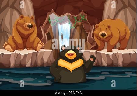 Wild bears in underground cavern with water illustration Stock Vector