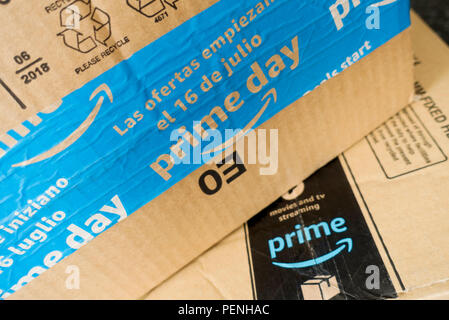 Close up of Amazon prime box boxes packages package home internet shopping delivery England UK United Kingdom GB Great Britain Stock Photo