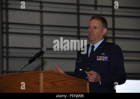 Maj. Shane Lynch assumes command of the 349th Civil Engineer Squadron during an assumption of command ceremony Nov. 8, 2015, at Travis Air Force Base, Calif. Prior to assuming command, Lynch served as the 349th CES chief of operations flight. (U.S. Air Force photo/Master Sgt. Rachel Martinez) Stock Photo