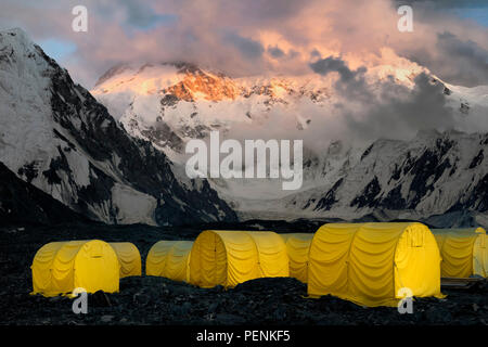 Khan Tengri Glacier viewed at sunset from the Base Camp, Central Tian Shan Mountain range, Border of Kyrgyzstan and China, Kyrgyzstan Stock Photo