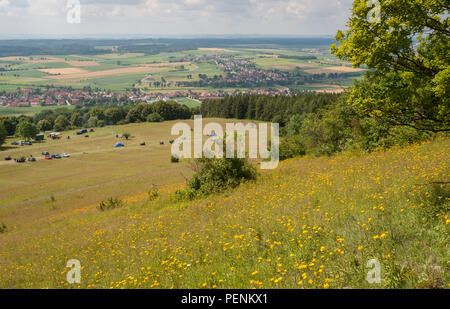 view from the hesselberg mountain, Hesselberg, Ansbach, Central-Franconia, Franconian Alps, Wassertruedingen, Bavaria, Germany Stock Photo