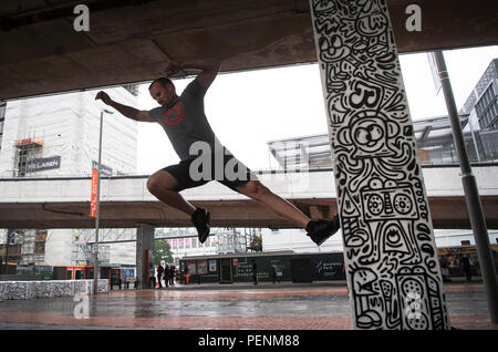 People performing Parkour outside Wembley Stadium in London, ahead of the Rendezvous International Parkour Gathering XIII 2018 at Wembley Park on August 18-19 weekend. Stock Photo