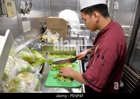 160106-N-XT273-066 MEDITERRANEAN SEA (Jan. 6, 2016) Culinary Specialist Seaman Recruit Mark Barrientos prepares food in the galley before lunch aboard USS Ross (DDG 71) in the Mediterranean Sea Jan. 6, 2016. Ross, an Arleigh Burke-class guided-missile destroyer, forward deployed to Rota, Spain, is conducting a routine patrol in the U.S. 6th Fleet area of operations in support of U.S. national security interests in Europe. (U.S. Navy photo by Mass Communication Specialist 2nd Class Justin Stumberg/Released) Stock Photo