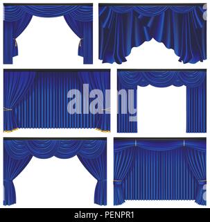 Set of blue luxury curtains and draperies on white background, realistic vector illustration Stock Vector