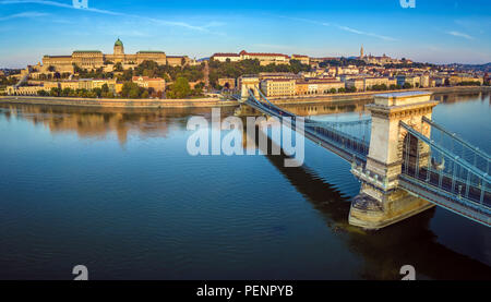 Aerial view of Buda Palace and Szechenyi Chain Bridge over the Danube ...
