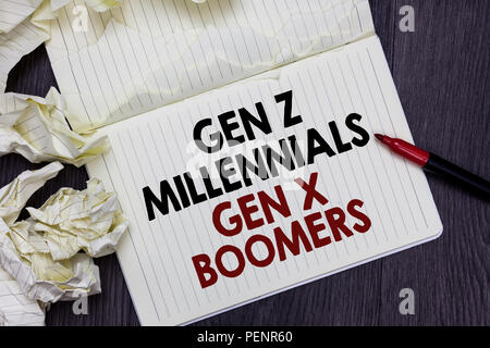 Writing note showing Gen Z Millennials Gen X Boomers. Business photo showcasing Generational differences Old Young people Marker over notebook crumple Stock Photo