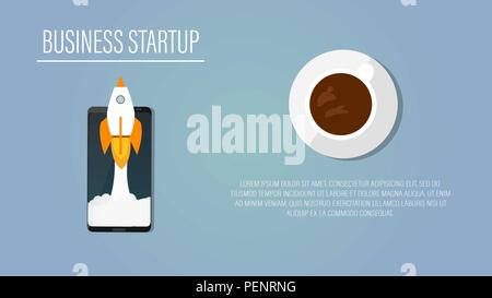 Rocket launch, space ship. vector, illustration with coffe and smartphone. Concept of new business product on a market or a stratup Stock Vector