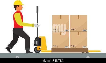 Vector Man is driving Pallet Jack with cargo. Flat and solid color. Stock Vector