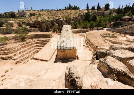 The Stone of the Pregnant is the largest carved stone in the world and lays unfinished in its quarry near the Baalbek roman temple complex, Lebanon. Stock Photo