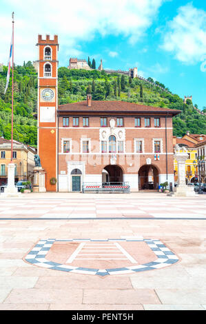 Marostica, Italy - May 26, 2017: The square where the traditional chess game is played, with the Doglione palace in the background