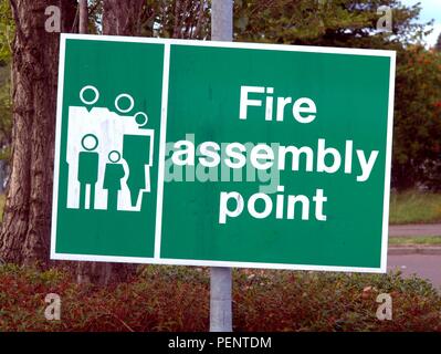 fire assembly point sign green on a pole Stock Photo