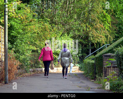 two women with shopping bags viewed from behind with a green tree background walking on the road Stock Photo
