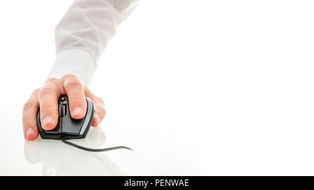 Closeup of male hand using computer mouse. Empty space ready for your text. Stock Photo