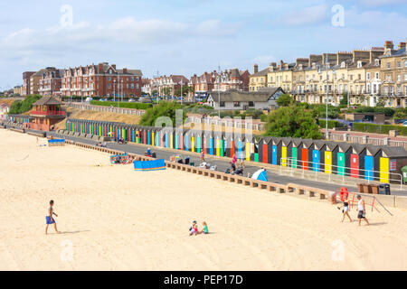 Lowestoft Beach and colourful beach huts from pier, Lowestoft, Suffolk, England, United Kingdom Stock Photo