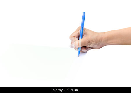 Business woman hand with pen signing agreement form contract isolated. Stock Photo