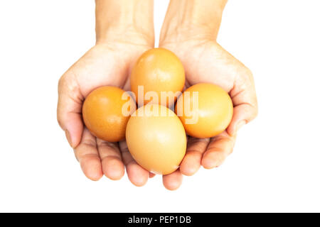 Hands holding fresh raw eggs isolated on white background in clipping path. Stock Photo