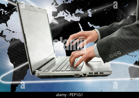 Detail of business man using laptop in interactive space. Stock Photo