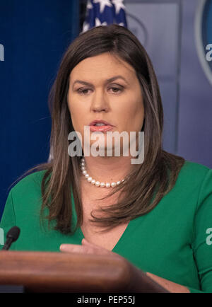 Washington, United States Of America. 15th Aug, 2018. White House press secretary Sarah Huckabee Sanders conducts a briefing in the Brady Press Briefing Room of the White House in Washington, DC on Wednesday, August 15, 2018. In her opening remarks, Sanders announced that United States President Donald J. Trump has revoked the security clearance of former Central Intelligence Agency (CIA) Director John Brennan and that the clearances of several other former officials were under review. Credit: Ron Sachs/CNP/AdMedia/Newscom/Alamy Live News
