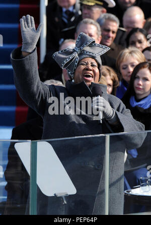 Washington, District of Columbia, USA. 21st Jan, 2009. Washington, DC - January 20, 2009 -- United States SInger Aretha Franklin performs at the the 56th Presidential Inauguration ceremony for Barack Obama as the 44th President of the United States in Washington, DC, USA 20 January 2009. Obama defeated Republican candidate John McCain on Election Day 04 November 2008 to become the next U.S. President.Credit: Pat Benic - Pool via CNP Credit: Pat Benic/CNP/ZUMA Wire/Alamy Live News Stock Photo