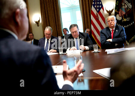 Washington, DC. 16th Aug, 2018. United States President Donald Trump, listens as US Attorney General Jeff Sessions, left, speaks during a Cabinet Meeting in the Cabinet Room of the White House on August 16, 2018 in Washington, DC. Also pictured are US Secretary of the Interior Ryan Zinke, center left, and US Secretary of State Mike Pompeo, center right. Credit: Oliver Contreras/Pool via CNP | usage worldwide Credit: dpa/Alamy Live News Stock Photo
