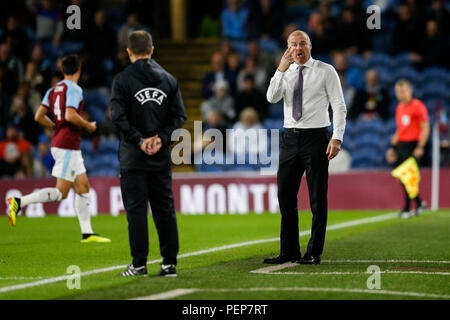 Burnley Manager Sean Dyche gestures to the fourth official during the UEFA Europa League Third Qualifying Round second leg match between Burnley and Istanbul Basaksehir at Turf Moor on August 16th 2018 in Burnley, England. (Photo by Daniel Chesterton/phcimages.com) Stock Photo