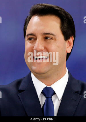 Curitiba, Brazil. 16th Aug, 2018. The candidate Ratinho Junior (PSD) during Debate candidates for the government of Paraná held on TV Bandeirantes Paraná in Curitiba, PR. Credit: Rodolfo Buhrer/La Imagem/FotoArena/Alamy Live News Stock Photo