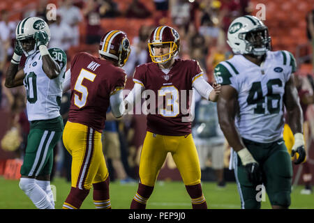 August 9, 2018: Washington Redskins punter Tress Way (5) warms up prior to  the NFL pre-season football game between the Washington Redskins and the  New England Patriots at Gillette Stadium, in Foxborough