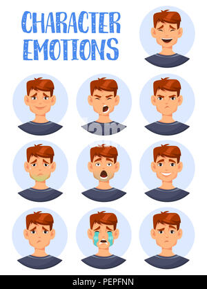 Cartoon man heads showing emotions. Boy character laughing and crying, smiling and angry, sick and confused, wondering. Guy face icons or adult facial Stock Photo