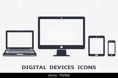 Device icons - desktop computer, laptop, smart phone and tablet. Vector illustration Stock Vector