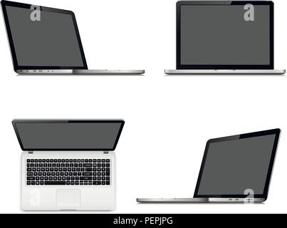 Laptop screens mockup with perspective, top and front view. Set of vector laptops with blank screen isolated on white background. Stock Vector