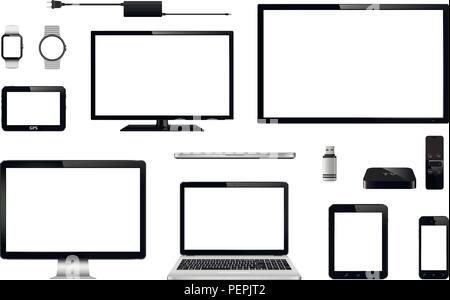 Set of realistic TV, computer monitor, laptops, tablet, mobile phone, smart watch, usb flash drive, TV box receiver, GPS navigation system device and  Stock Vector