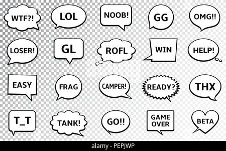 Speech bubbles with online computer gamers chat short messages. Vector Illustration. Stock Vector