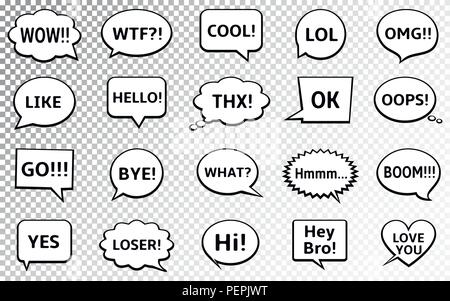 Speech bubbles set with short messages: yes, cool, omg, wow, hello, bye, and other. Vector Illustration. Stock Vector