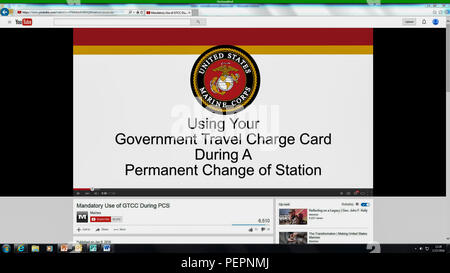 A YouTube video describes the details of Marine administrative message 001/16, which states that all permanent change of station travel expenses will now be paid using the government travel charge card. This change is expected to make travel more efficient and cost effective and to protect Marines from being charged interest on their personal accounts. For more information, watch the video at https://youtu.be/V7WMkMVX8GQ or contact your unit agency program coordinator. (U.S. Marine Corps photo by Cpl. Michelle Reif/Released) Stock Photo