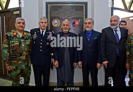 Afghanistan President Ashraf Ghani, Gen. John Campbell and the Afghanistan Defense Minister Mohammed Masoom Stanekzai presiding at the opening of the Afghan Ministry of Defense. Stock Photo