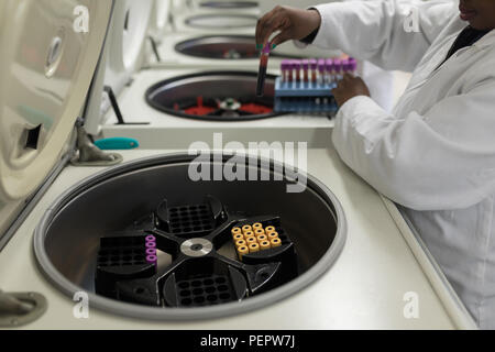 Laboratory technician placing test tube in machine Stock Photo