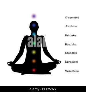 Yoga person in a lotus pose black silhouette chakra points om vector illustration EPS10 Stock Vector