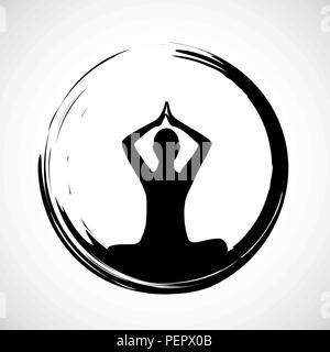 yoga person sitting in a lotus pose in a black circle vector illustration EPS10 Stock Vector