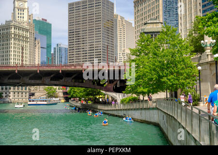 Chicago River and River Cruise. kayaks and The Riverwalk and surrounding downtown architecture in summer, Chicago, Illinois, USA Stock Photo