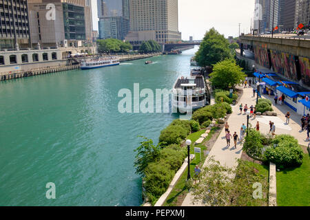 Chicago River and  The Riverwalk and surrounding downtown architecture in summer, Chicago, Illinois, USA Stock Photo