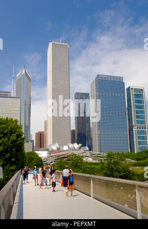View of Chicago Skyline and Millennium Park from Nichols Bridgeway leading to The Art Institue, Chicago, Illinois, USA Stock Photo
