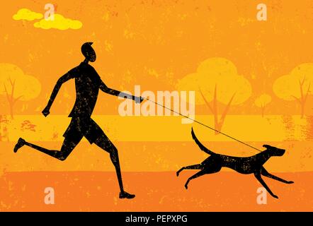 Running with your dog. A man running with his dog over an abstract park background. Stock Vector