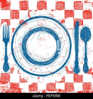 Blue Plate Special. Sketchy, hand drawn blue plate and silverware over an abstract red, checkerboard tablecloth background. Stock Vector