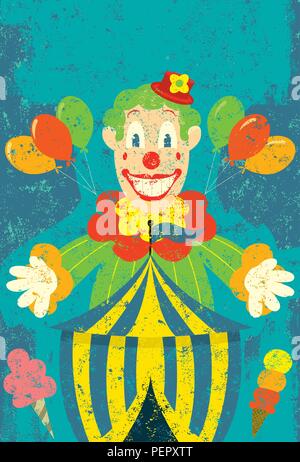 Circus Clown. A happy clown with balloons, ice cream and cotton candy behind a circus tent. Stock Vector