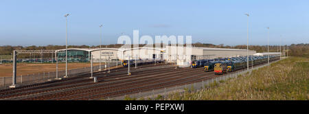 Newly assembled class 800 IEP trains for First Great Western Railway, and class 385's for Scotrail at the Hitachi assembly plant Newton Aycliffe Stock Photo