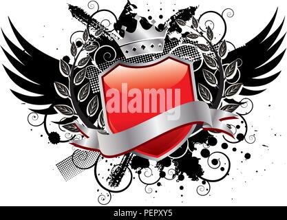 Wing Insignia. A shield with a crown and wings over a textured elements. Stock Vector
