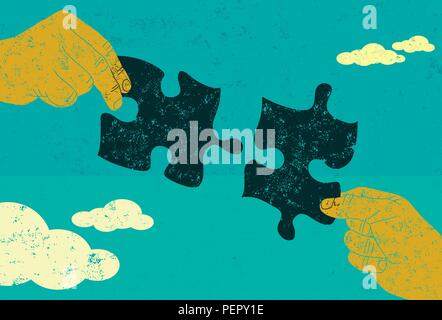 Finding a Solution. Two hands connecting puzzle pieces to find the solution. Stock Vector