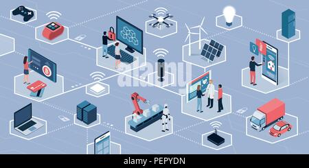 People using touch screen interfaces, augmented reality and IOT devices: blockchain of things and networks concept Stock Vector