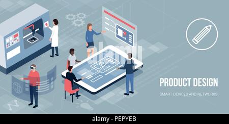 Engineers and designers working on a new product, accessing virtual reality and printing with a 3D printer: innovative product design and prototyping Stock Vector