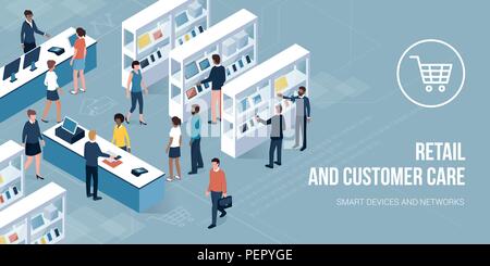 Customer buying products in a contemporary electronics store: retail, shopping and customer care concept Stock Vector